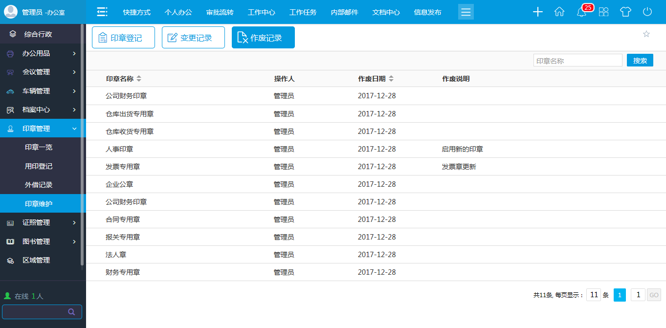 oa印章維護-進行新建、修改、作廢等維護操作